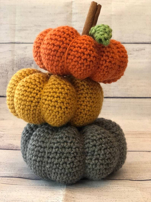 "Medium 3-Piece Set" Handmade Crochet Pumpkins (8in. Size) - Crochet Decor Collection